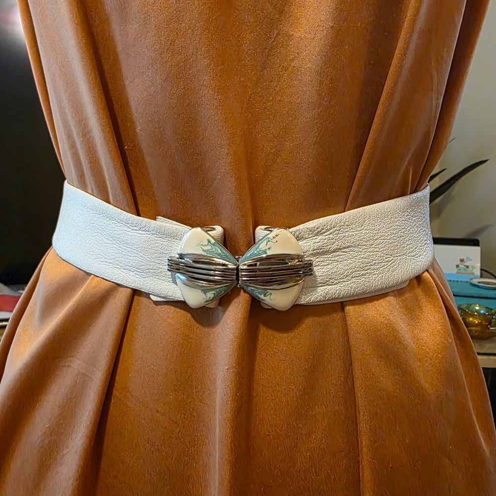 Vintage 80s Cream Goat Leather Cinch Belt Art Deco Enamel Butterfly Buckle 26.5"